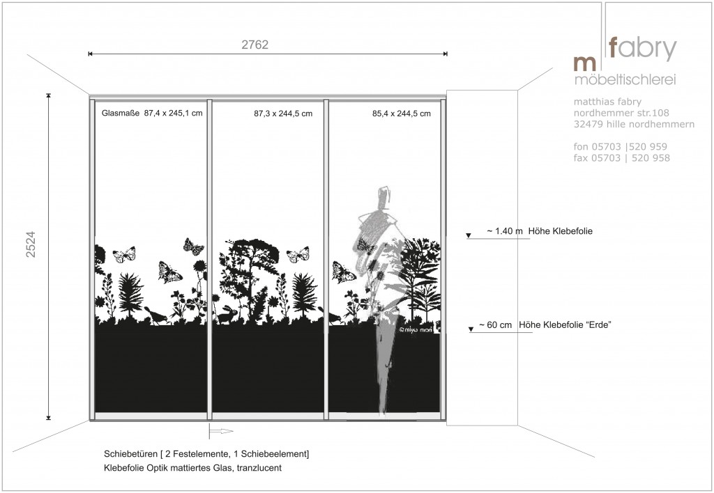 Skizze Schiebetür mit transluzenter Folie auf Klarglas zum Sichtschutz, Motiv: miyo mori